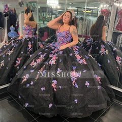Misshow Black Tulle Quinceanera Dress Sweetheart Neckline with 3D Floral Lace & Beaded Appliques for Sweet 16 & Birthday Parties