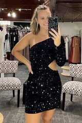 Misshow Black Waist Cut Out One Shoulder Tight Sequins Homecoming Dress/Mini Dress with Sleeves