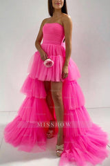 Misshow Blue A-Line High Low Strapless Homecoming Dress/Mini Dress with Ruffles