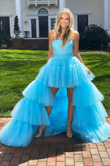 Misshow Blue A-Line High Low Strapless Homecoming Dress/Mini Dress with Ruffles