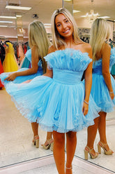 Misshow Blue A-Line Strapless Ruffled Short Homecoming Dress/Mini Dress