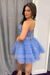 Misshow Blue A Line Strapless Tiered Short Homecoming Dress/Mini Dress With Appliques