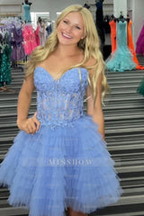 Misshow Blue A Line Strapless Tiered Short Homecoming Dress/Mini Dress With Appliques