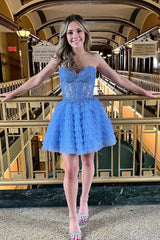 Misshow Blue A Line Strapless Tiered Short Homecoming Dress/Mini Dress With Appliques