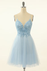Misshow Blue A-line Cute Homecoming Dress/Mini Dress with Appliques