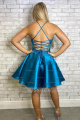 Misshow Blue Beaded Halter Corset Homecoming Dress/Mini Dress