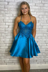 Misshow Blue Beaded Halter Corset Homecoming Dress/Mini Dress