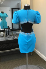 Misshow Blue Beaded Puff Sleeves Short Homecoming Dress/Mini Dress