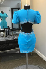 Misshow Blue Beaded Puff Sleeves Short Homecoming Dress/Mini Dress