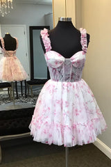Misshow Blue Corset A Line Floral Printed Short Homecoming Dress/Mini Dress