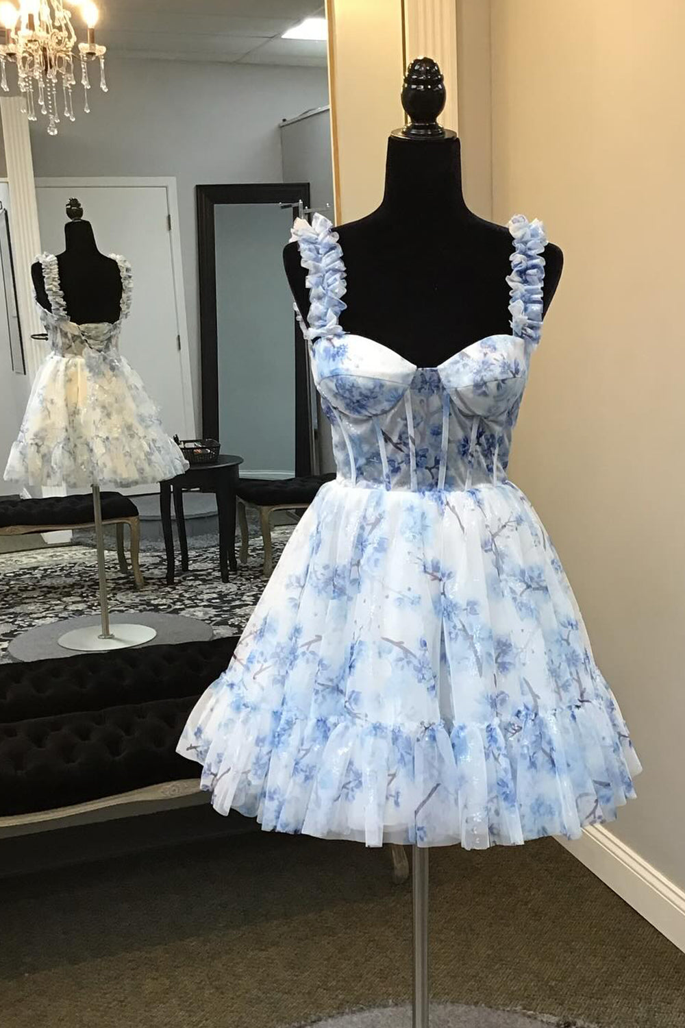 Misshow Blue Corset A Line Floral Printed Short Homecoming Dress/Mini Dress