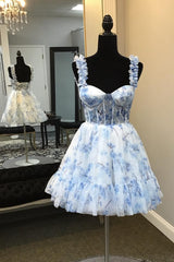 Misshow Blue Corset A Line Floral Printed Short Homecoming Dress/Mini Dress