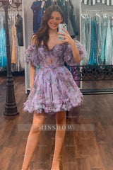 Misshow Blue Corset Off The Shoulder Floral A-Line Short Homecoming Dress/Mini Dress