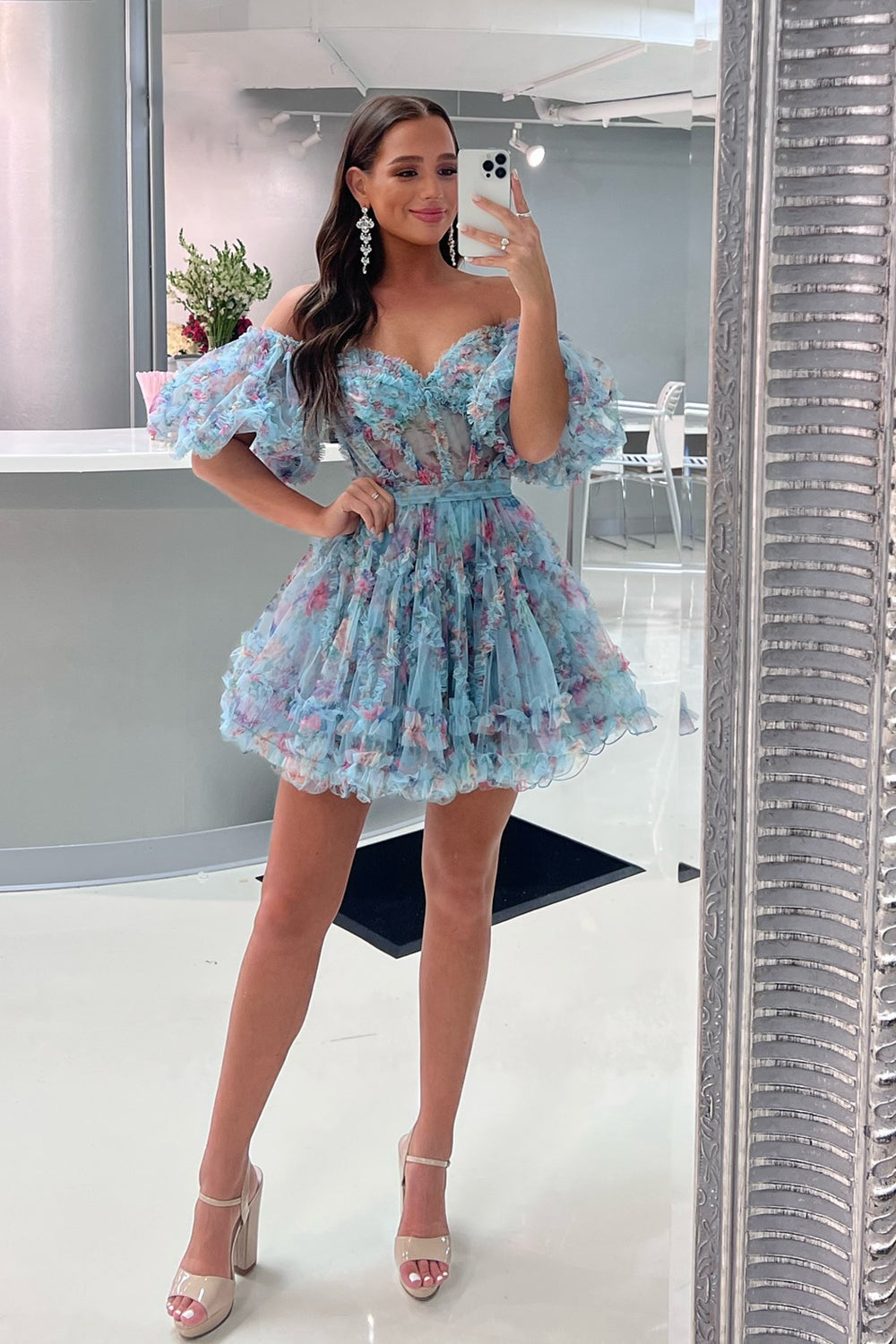Misshow Blue Corset Off The Shoulder Floral A-Line Short Homecoming Dress/Mini Dress