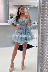 Misshow Blue Corset Off The Shoulder Floral A-Line Short Homecoming Dress/Mini Dress