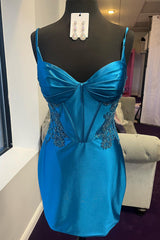 Misshow Blue Corset Open Back Tight Short Homecoming Dress/Mini Dress with Appliques