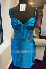 Misshow Blue Corset Open Back Tight Short Homecoming Dress/Mini Dress with Appliques