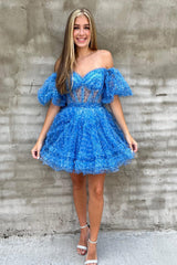Misshow Blue Corset Printed A-Line Short Homecoming Dress/Mini Dress with Sleeves