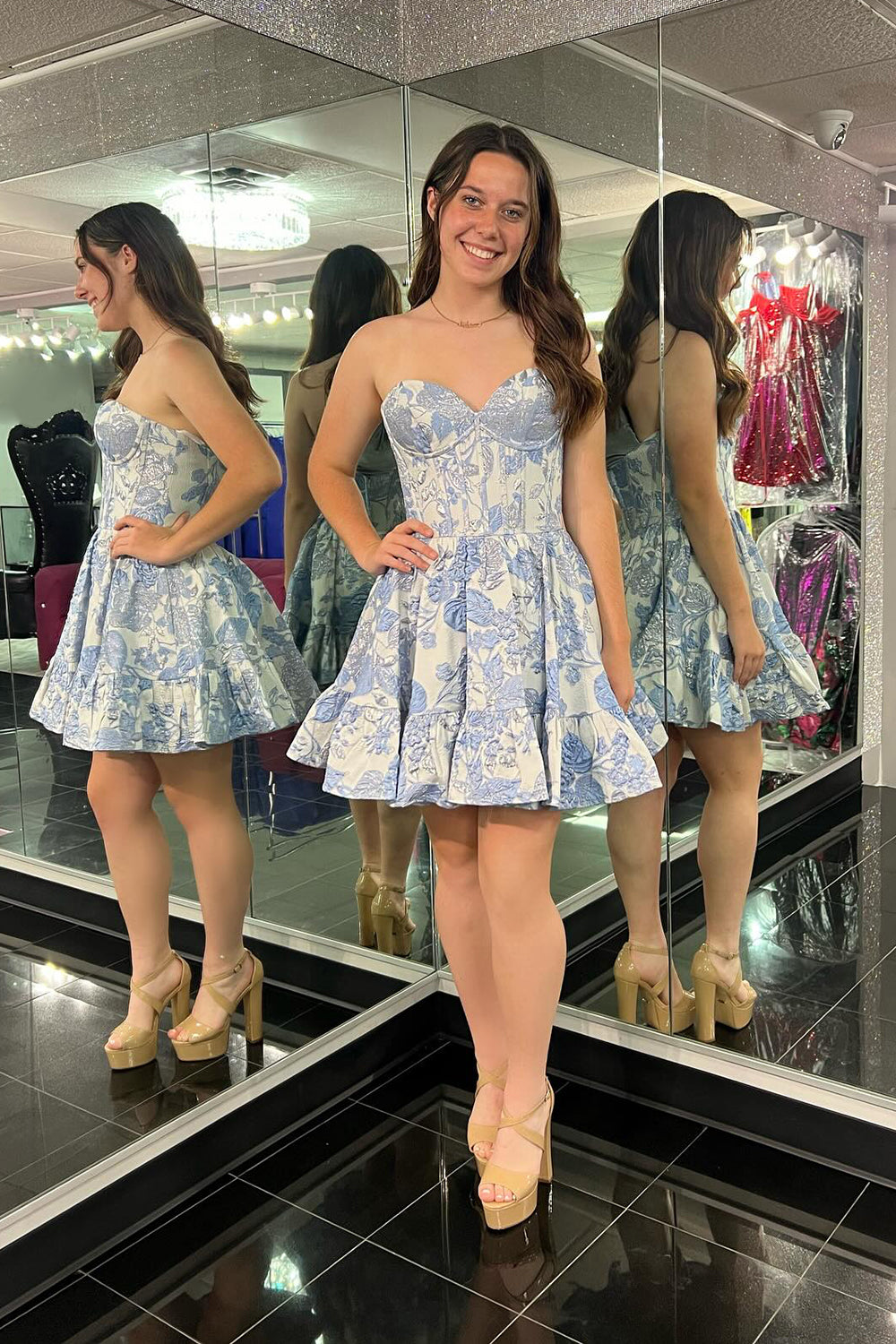 Misshow Blue Corset Sweetheart Floral A Line Short Homecoming Dress/Mini Dress