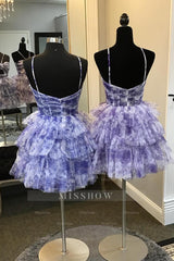 Misshow Blue Halter A Line Tiered Floral Printed Homecoming Dress/Mini Dress