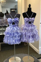 Misshow Blue Halter A Line Tiered Floral Printed Homecoming Dress/Mini Dress