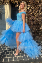 Misshow Blue High Low Homecoming Dress/Mini Dress with Lace