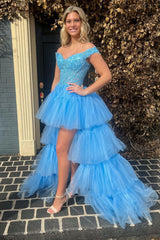 Misshow Blue High Low Homecoming Dress/Mini Dress with Lace