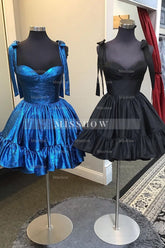 Misshow Blue Metallic Spaghetti Straps A Line Tiered Short Homecoming Dress/Mini Dress