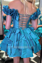 Misshow Blue Off The Shoulder Corset Short Homecoming Dress/Mini Dress With Ruffles
