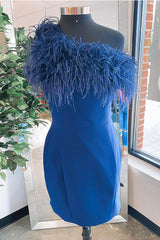 Misshow Blue Off the Shoulder Tight Short Homecoming Dress/Mini Dress with Feathers
