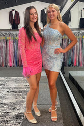 Misshow Blue One Shoulder Corset Tight Short Homecoming Dress/Mini Dress With Feathers