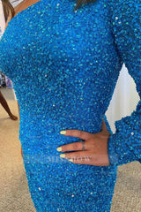Misshow Blue One Shoulder Sequins Tight Homecoming Dress/Mini Dress