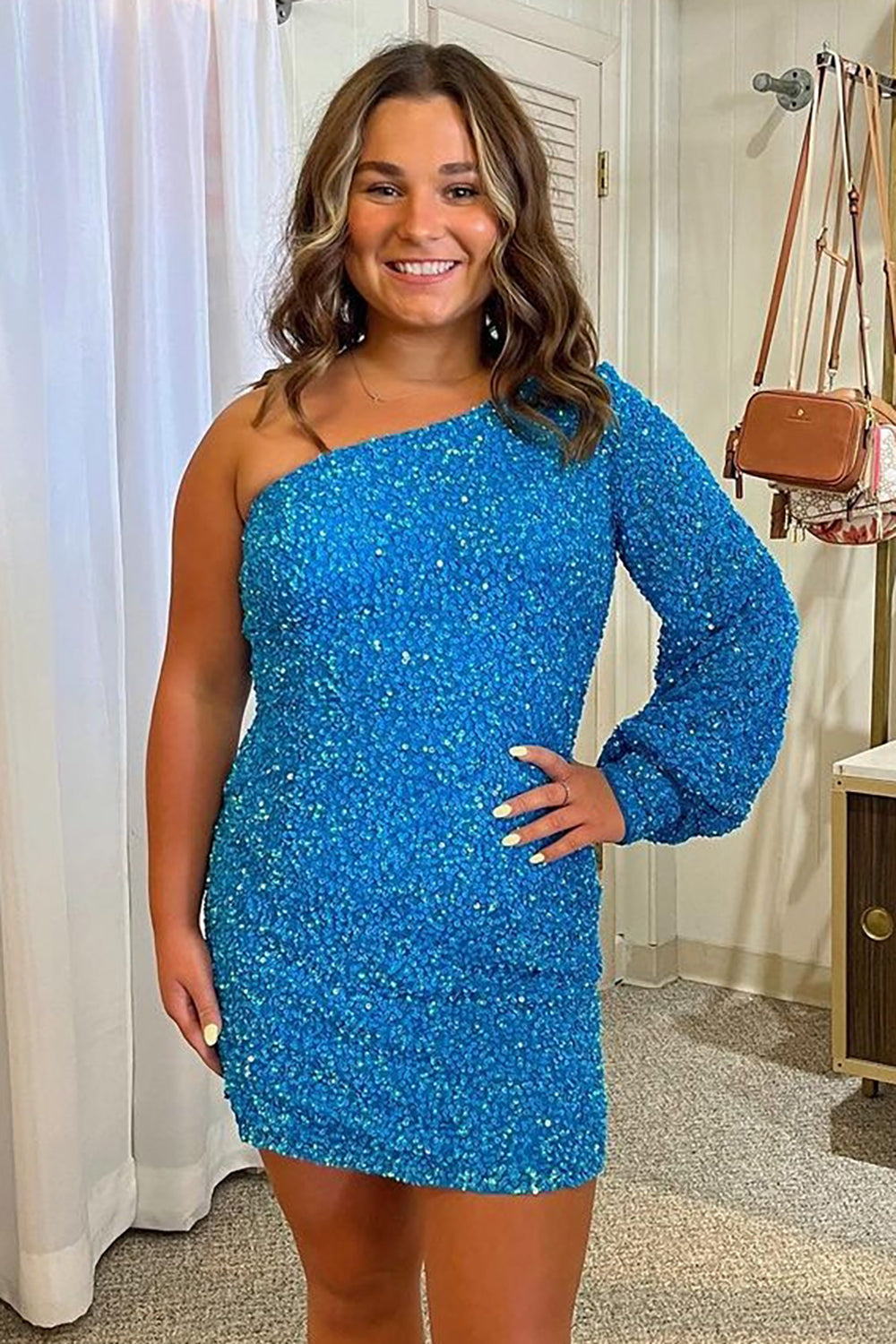 Misshow Blue One Shoulder Sequins Tight Homecoming Dress/Mini Dress