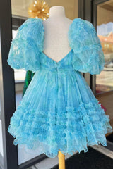 Misshow Blue Puff Sleeves A-Line Floral Short Homecoming Dress/Mini Dress with Ruffles