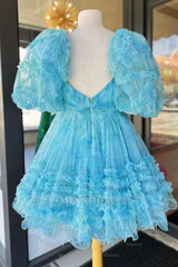 Misshow Blue Puff Sleeves A-Line Floral Short Homecoming Dress/Mini Dress with Ruffles