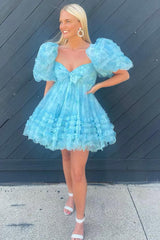 Misshow Blue Puff Sleeves A-Line Floral Short Homecoming Dress/Mini Dress with Ruffles