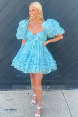 Misshow Blue Puff Sleeves A-Line Floral Short Homecoming Dress/Mini Dress with Ruffles