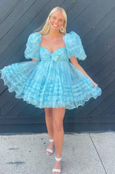 Misshow Blue Puff Sleeves A-Line Floral Short Homecoming Dress/Mini Dress with Ruffles