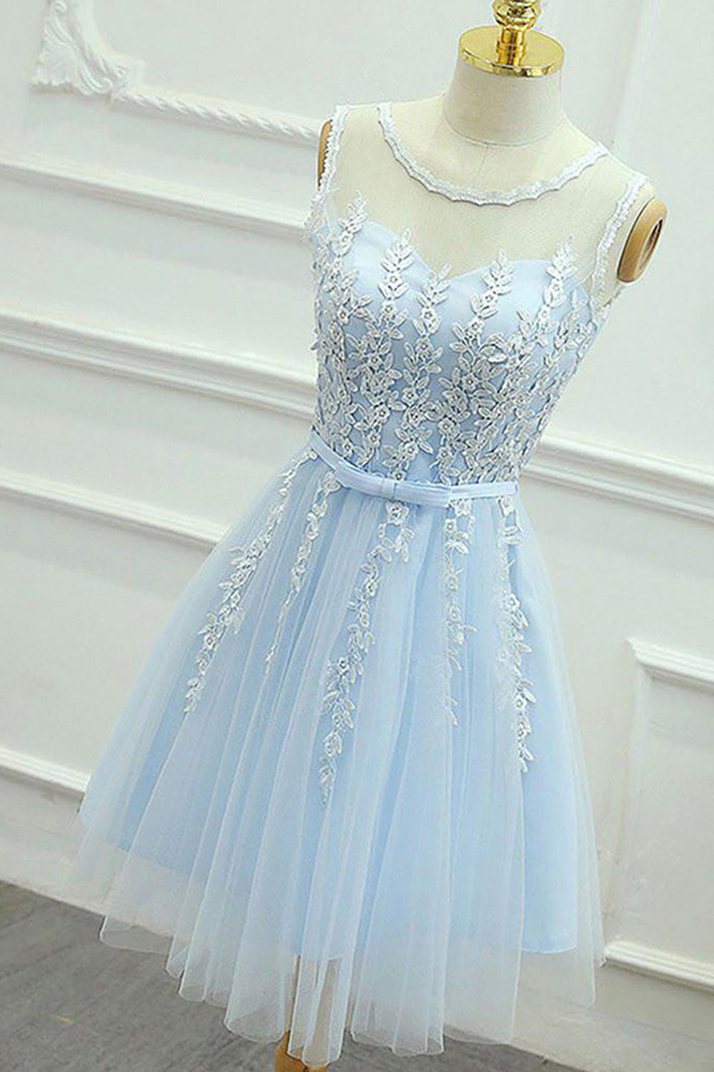 Misshow Blue Round Neck A Line Homecoming Dress/Mini Dress