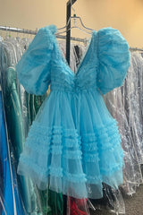 Misshow Blue Ruffled A Line Short Homecoming Dress/Mini Dress