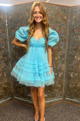 Misshow Blue Ruffled A Line Short Homecoming Dress/Mini Dress