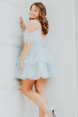 Misshow Blue Ruffled Short Homecoming Dress/Mini Dress With Feathers
