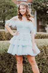 Misshow Blue Ruffled Short Homecoming Dress/Mini Dress With Feathers