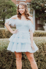 Misshow Blue Ruffled Short Homecoming Dress/Mini Dress With Feathers