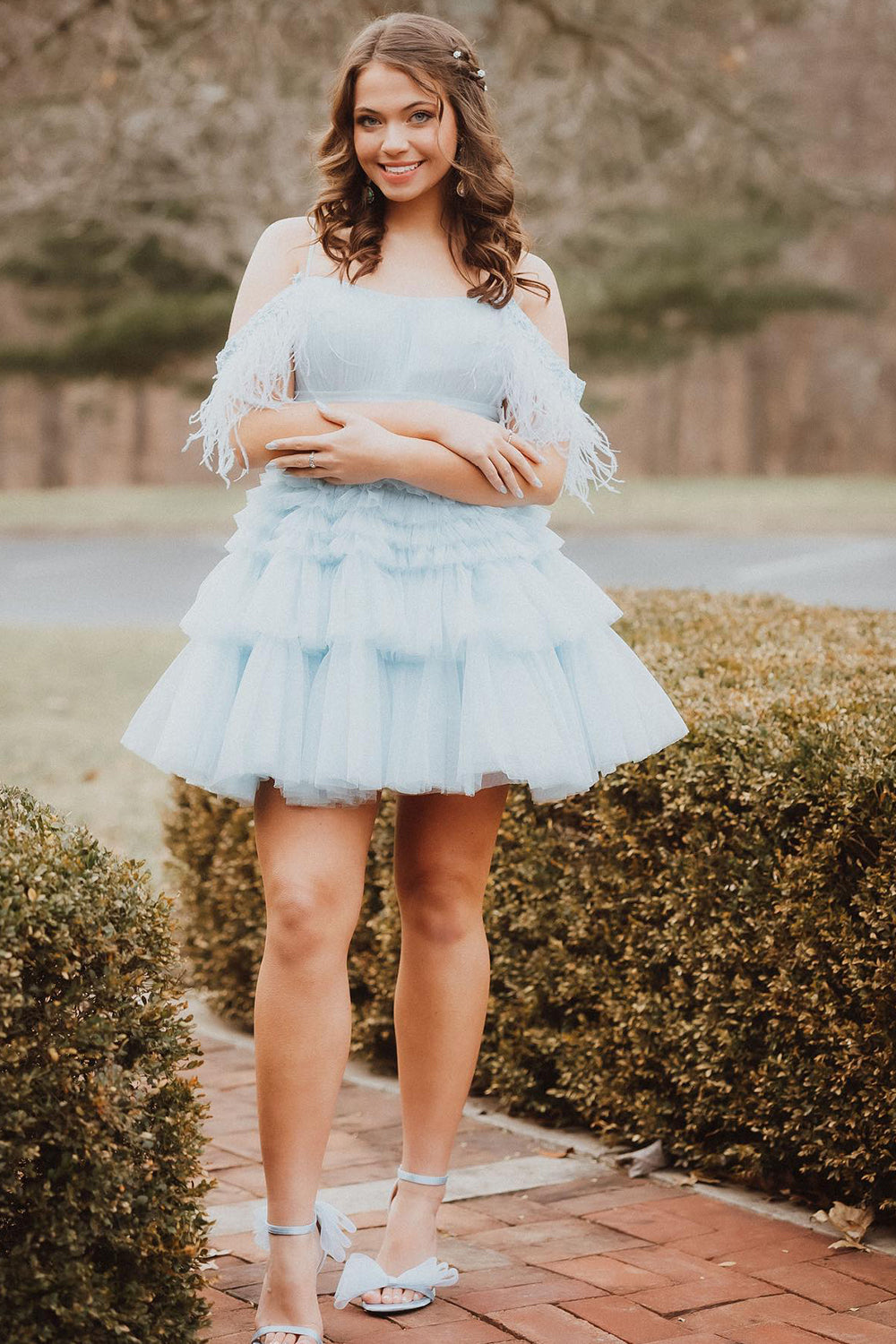 Misshow Blue Ruffled Short Homecoming Dress/Mini Dress With Feathers
