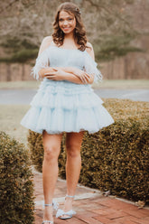 Misshow Blue Ruffled Short Homecoming Dress/Mini Dress With Feathers