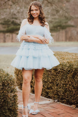 Misshow Blue Ruffled Short Homecoming Dress/Mini Dress With Feathers