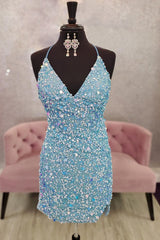Misshow Blue Sequins Backless Tight Homecoming Dress/Mini Dress