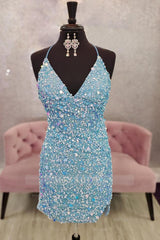 Misshow Blue Sequins Backless Tight Homecoming Dress/Mini Dress