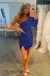 Misshow Blue Sequins Homecoming Dress/Mini Dress with Sleeves